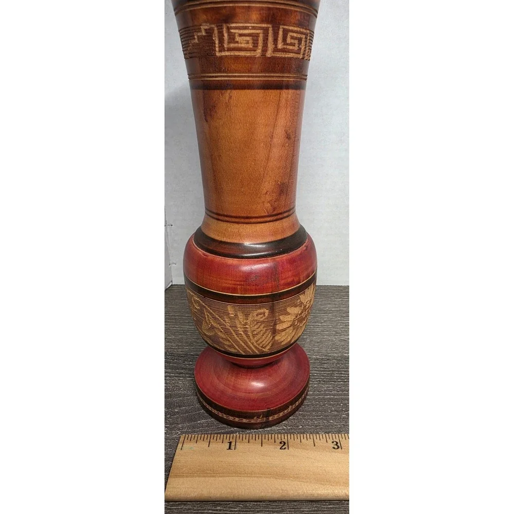 Vintage Hand Carved Wooden Bud Vase Floral‎ Etched Two Tone Brown Red 8